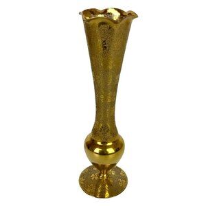 Gold Gilt Plated Etched Glass Bud Vase Floral Design Scalloped Edge Vintage